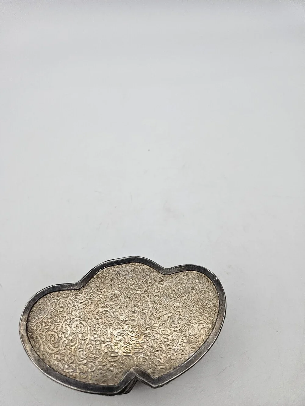Vintage Embossed Silver Plate Heart Trinket Box Floral Design Jewelry Keepsake